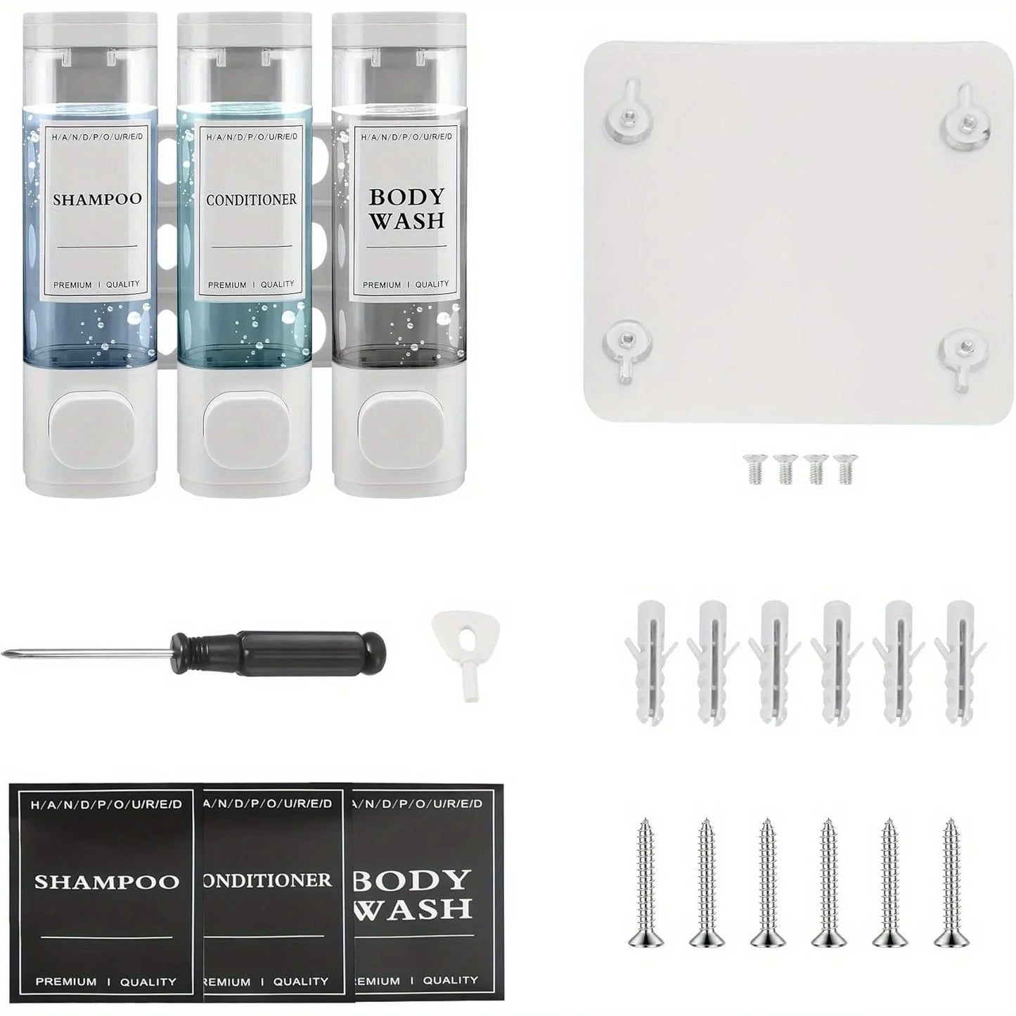 Wall Mounted 3-In-1 Shampoo, Conditioner and Soap Dispenser ABS