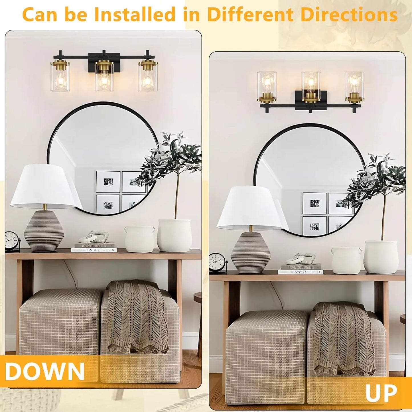 Modern Black And Gold Vanity Bathroom Light Fixture With Square Glass Shade