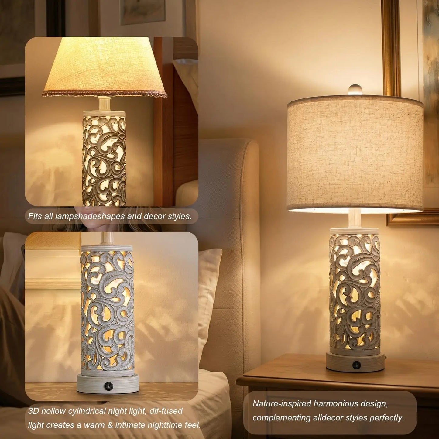 Farmhouse Table Lamps Set Of 2 With USB Ports And Night Light Vintage Style