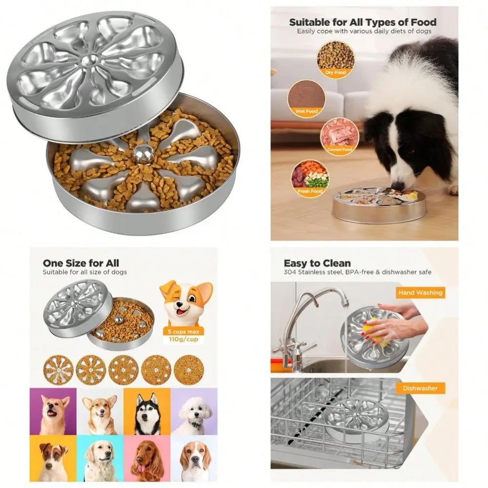 Feeder Dog Bowls Stainless Steel NonSlip Metal Bowl For Slow Feeding, 5 Cups Large Capacity, DoubleSided Design For Dry, Wet, O