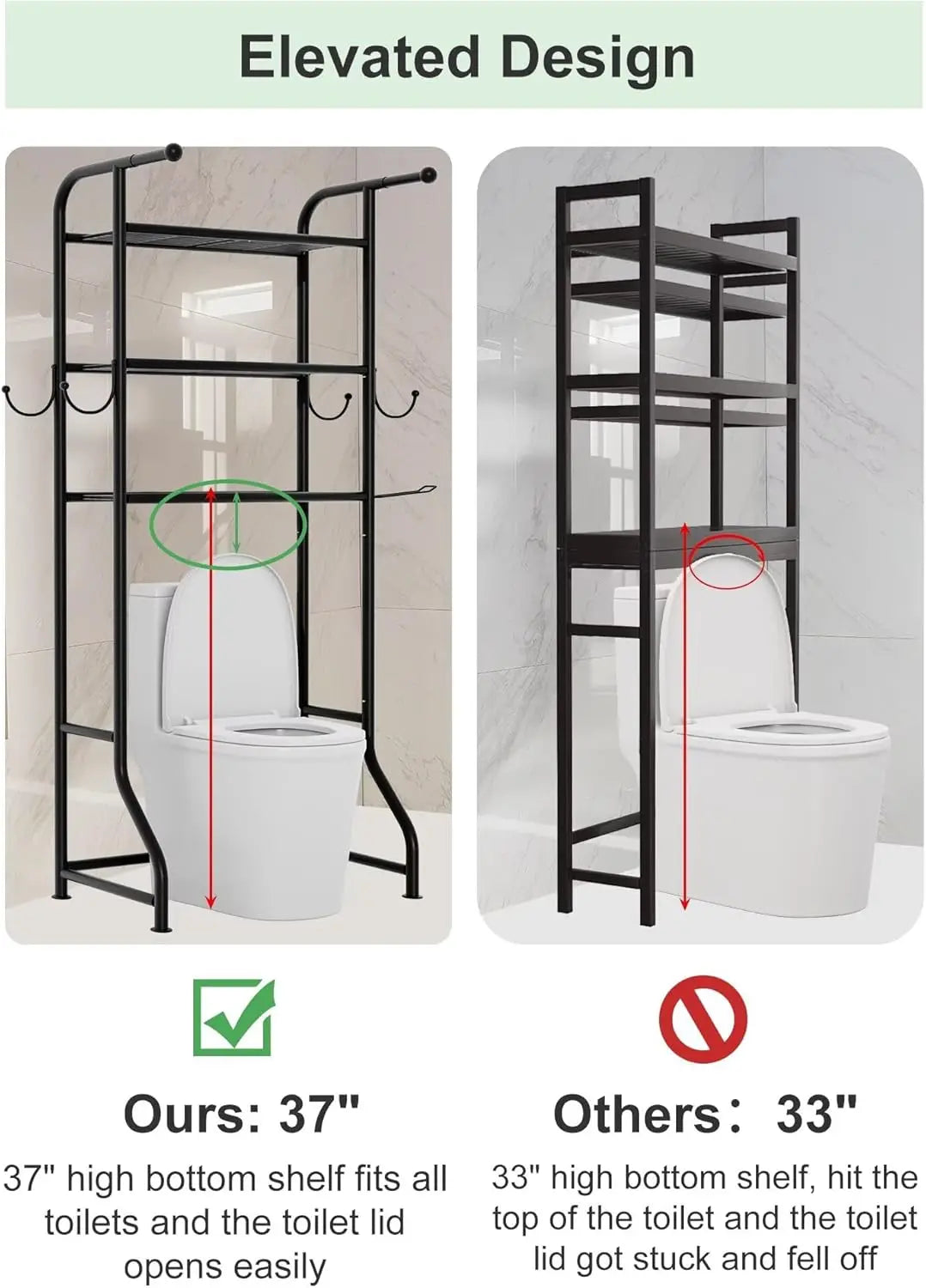 3-Tier Over The Toilet Storage Shelf With Hooks