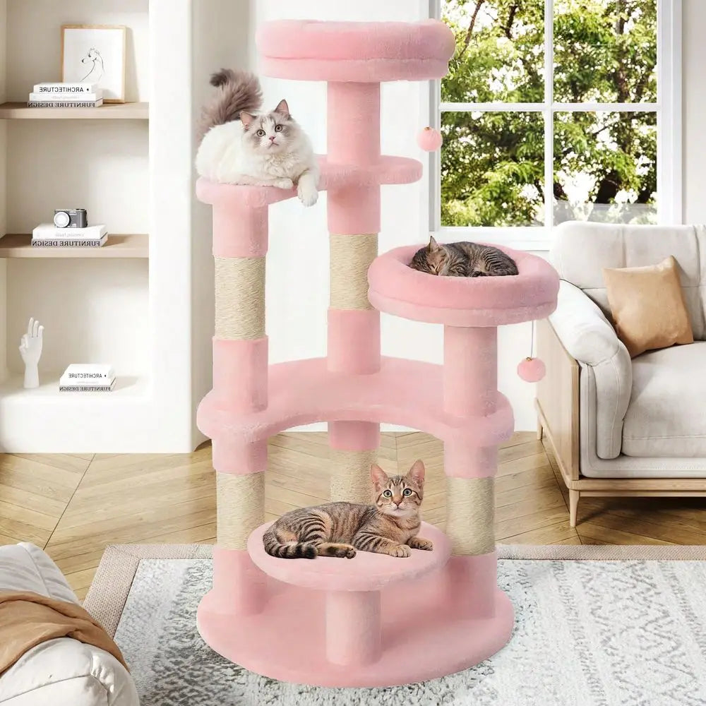 55.5 In Cat Tree For Indoor Kitties, Soft Plush Perches, MultiLevel Cat Tower, Sisal ching Posts, Crescent Plates, Round J