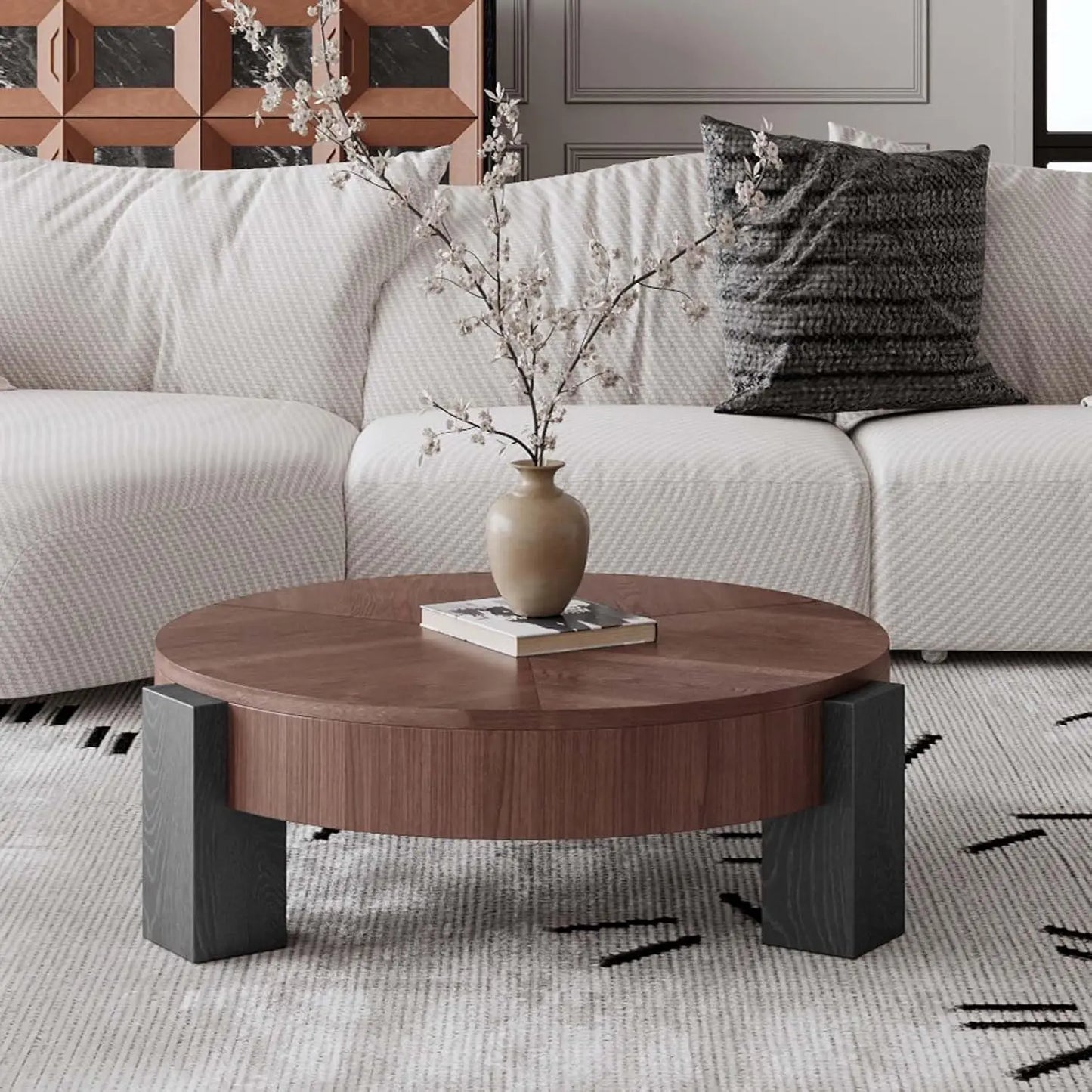 Folded Round Coffee Table With Hidden Storage And 3 Block Legs