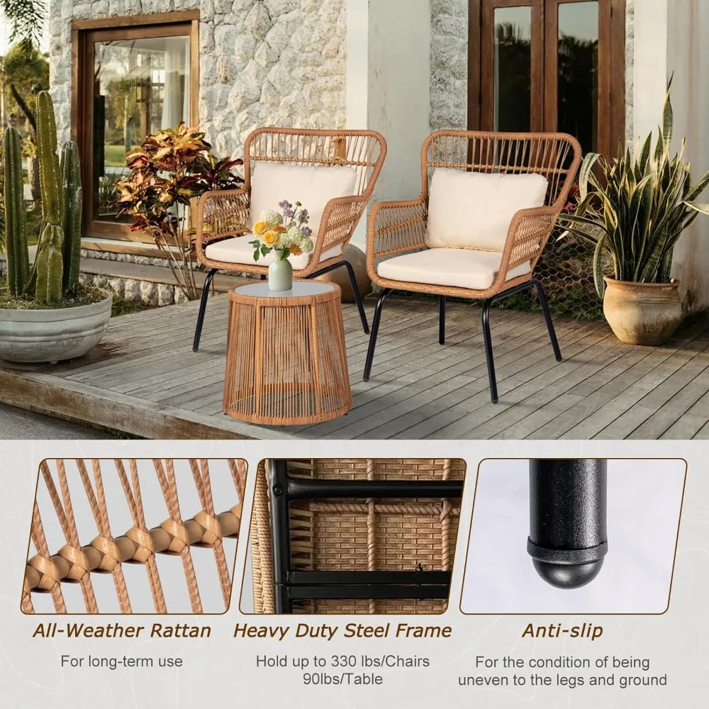 Outdoor Wicker Bistro Set 3 Piece Patio Conversation With Glass Table