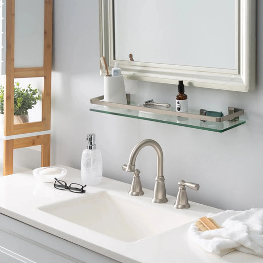Decorative Glass Bathroom Shelf With Nickel Rail Wall Mount