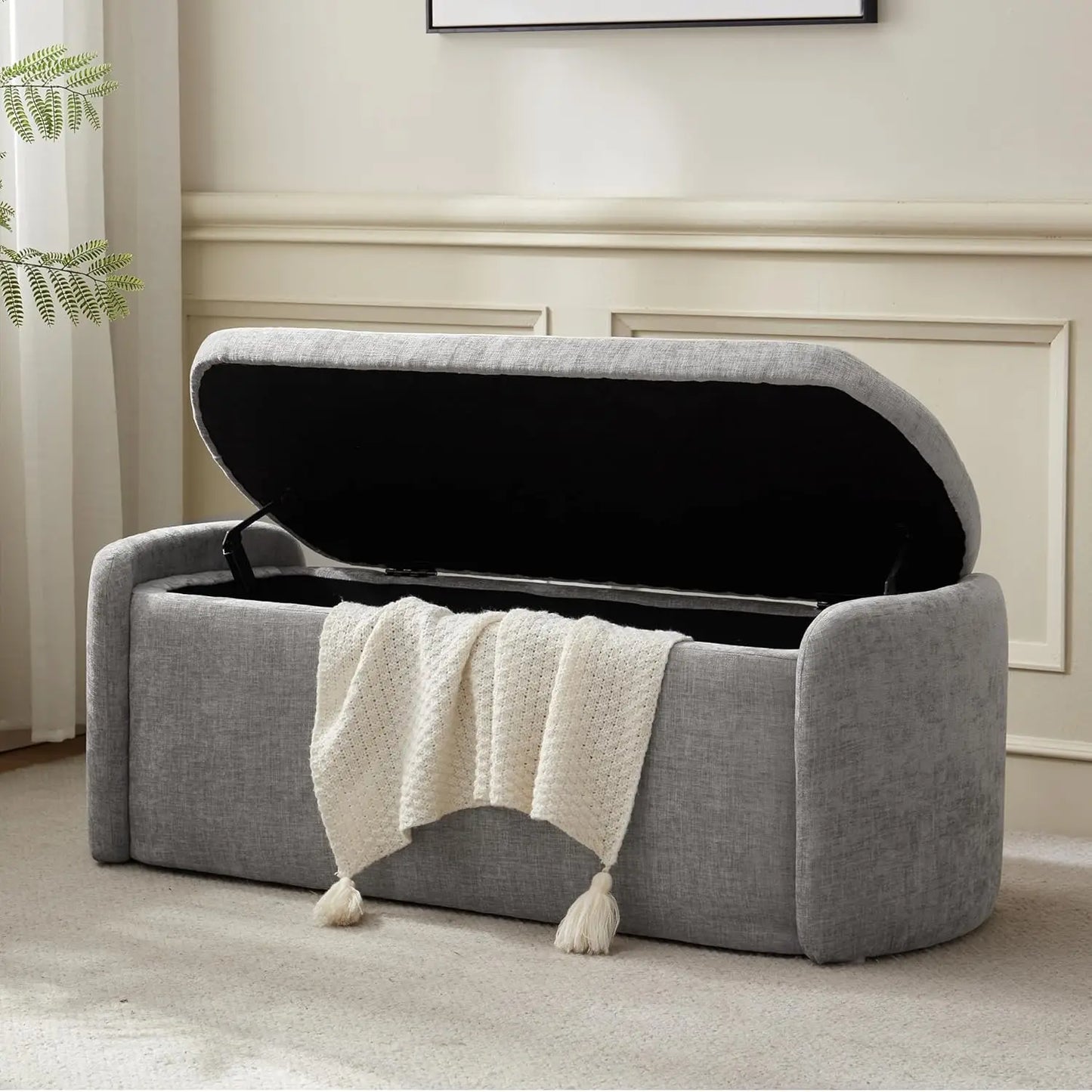 Oval Storage Ottoman Bench Chenille Upholstered End of Bed