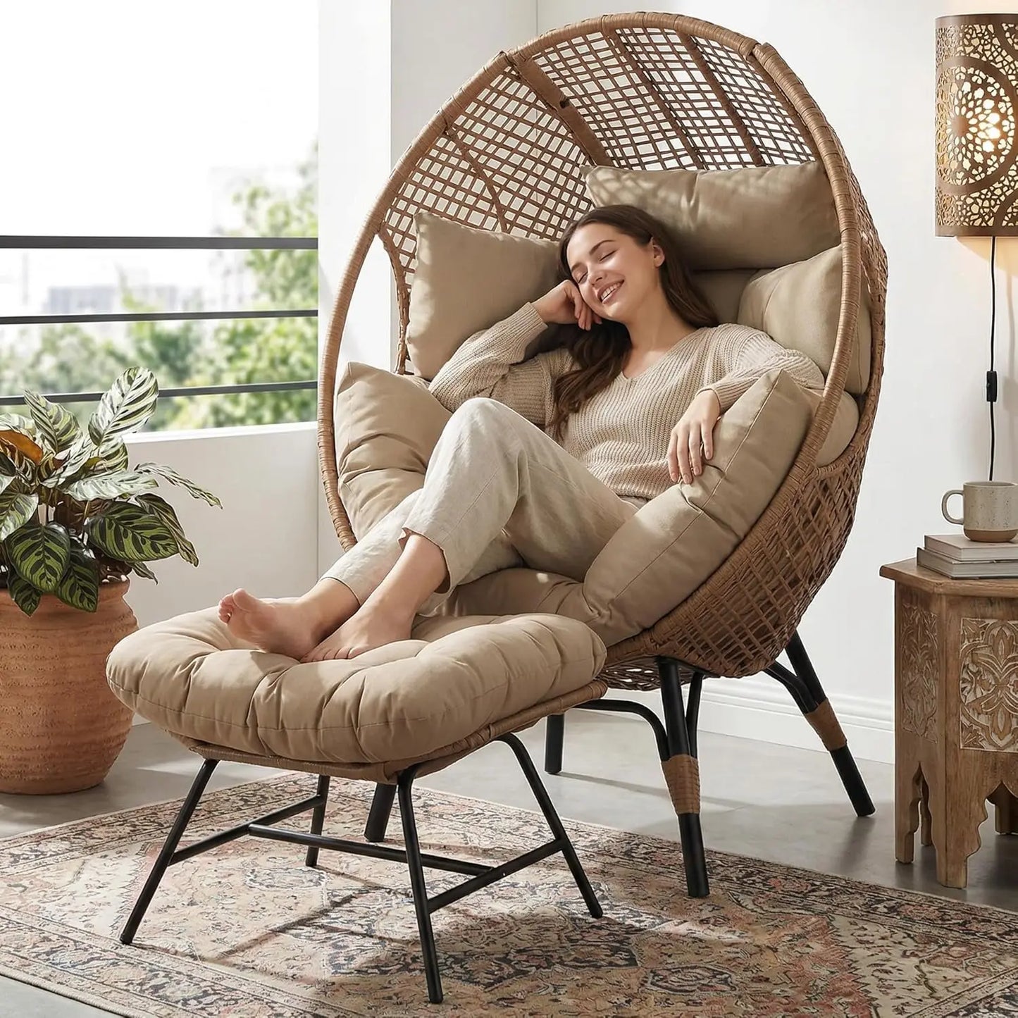 Indoor Outdoor Egg Chair With Ottoman For Patio