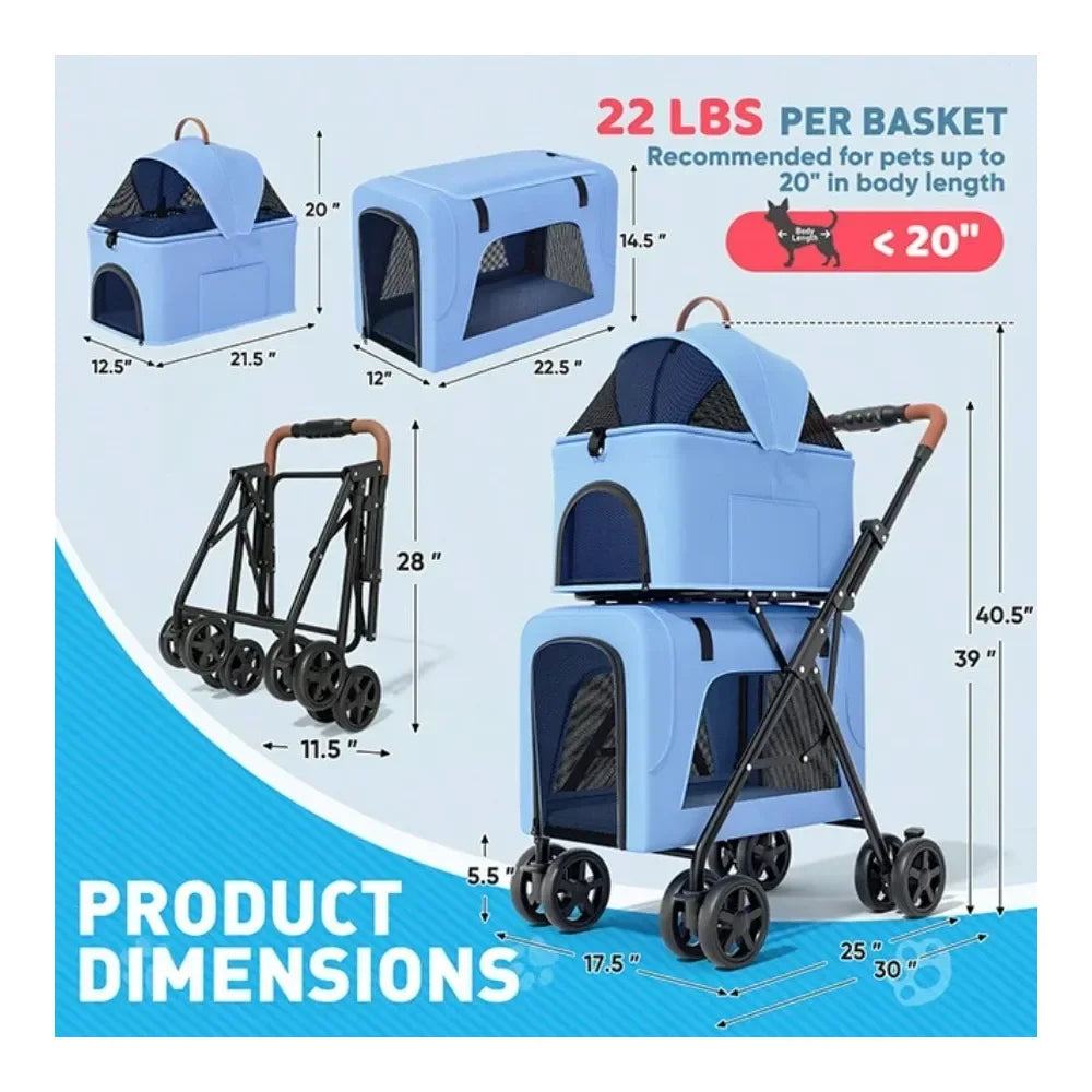 In 1 Foldable Double Pet Stroller For 2 Small Medium Dogs And Cats, Detachable Top Bottom Carriers, Breathable Mesh, OneClick F