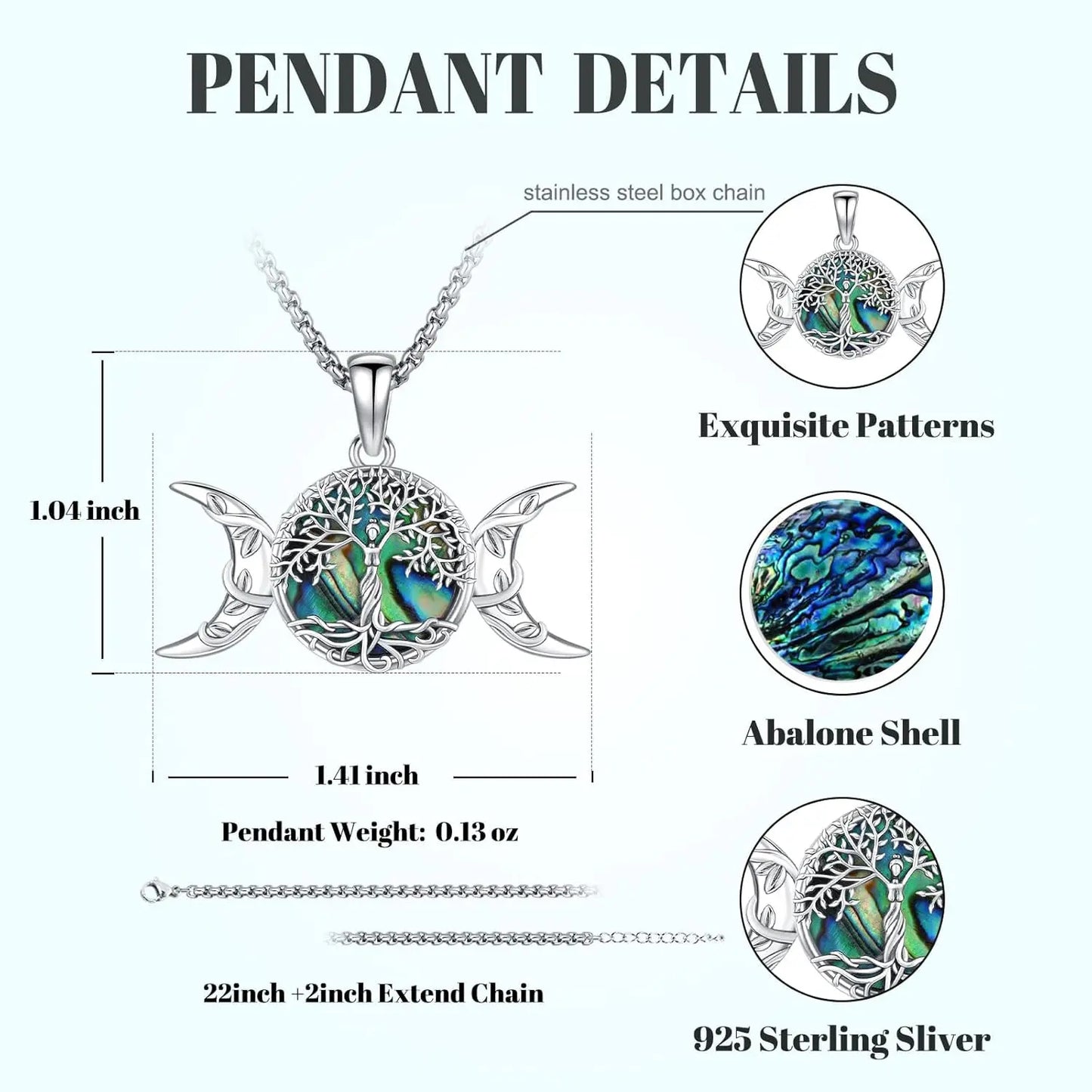 DRINSPER 925 Sterling Silver Tree of Life Necklace Pendant Abalone Shell