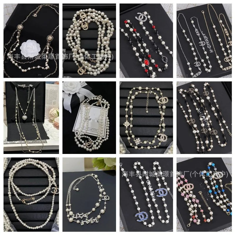 Double C Pearl Sweater Chain Small Fragrant Style High Version Peach Heart Long Tassel Necklace Women's High-end Accessories Wom