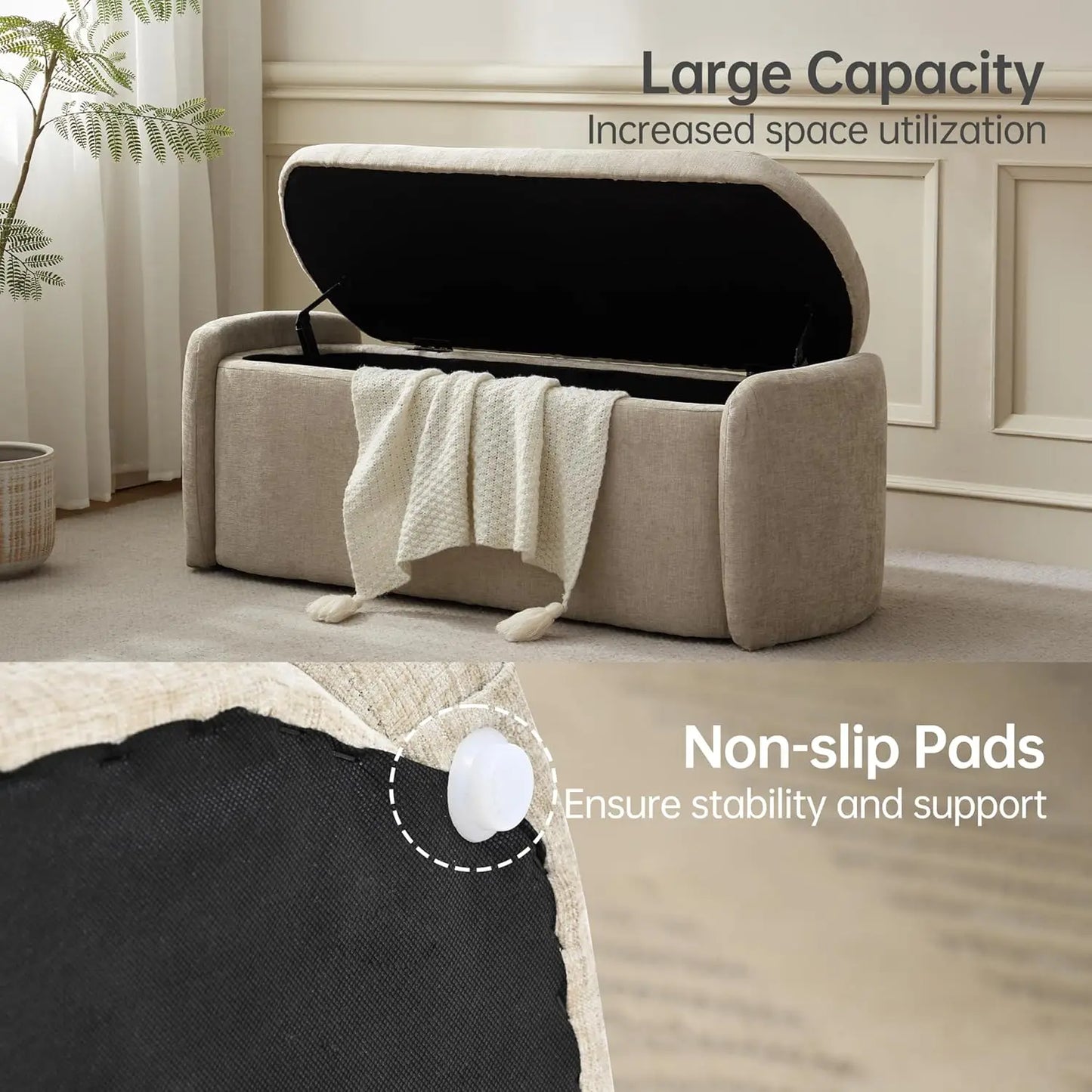 Oval Storage Ottoman Bench Chenille Upholstered End of Bed