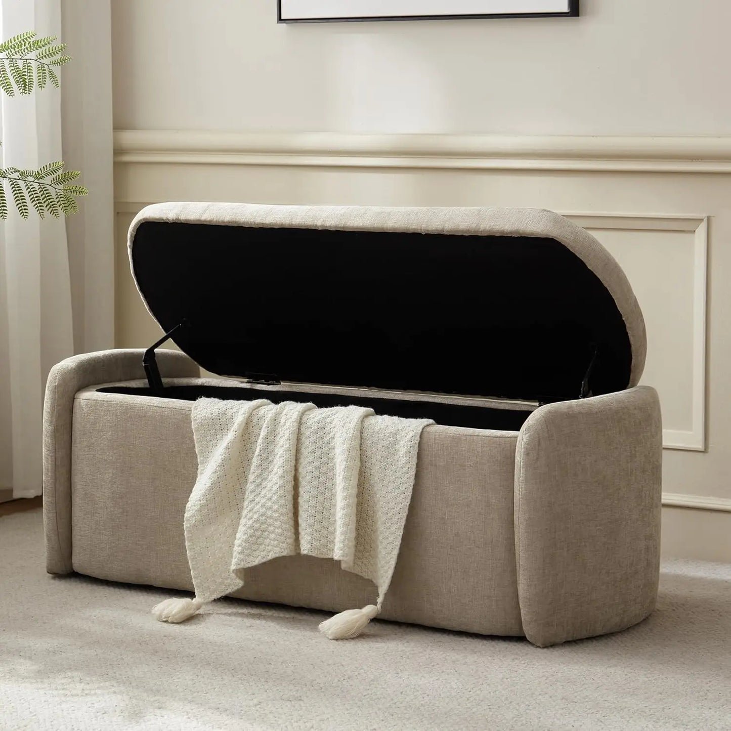 Oval Storage Ottoman Bench Chenille Upholstered End of Bed