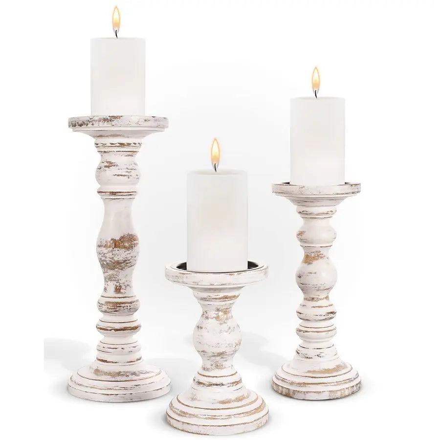 Rustic Farmhouse Pillar Candle Holders Set For Table Centerpieces Decor