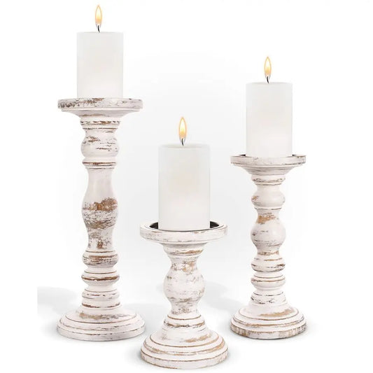 Rustic Farmhouse Pillar Candle Holders Set For Table Centerpieces Decor