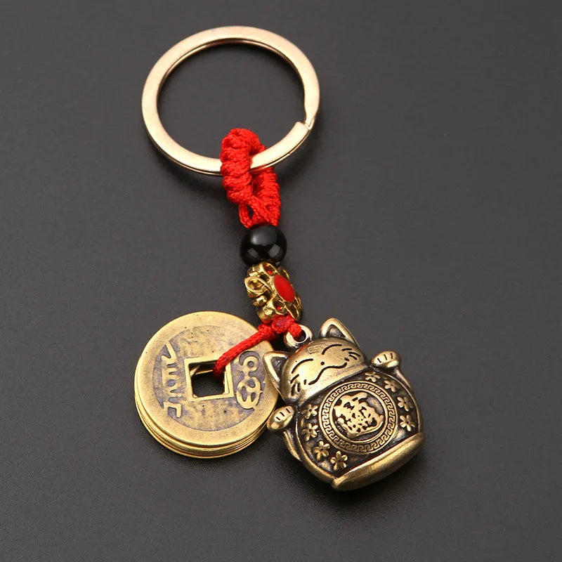 Handmade Lucky Cat Keychain With Feng Shui Five Emperors Coins
