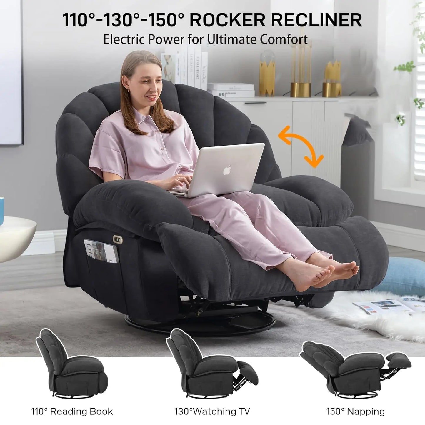 Power Swivel Recliner Chair With Soft Fabric Shell Storage