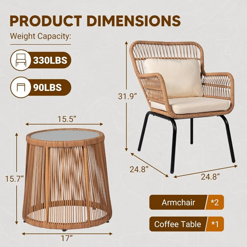 Outdoor Wicker Bistro Set 3 Piece Patio Conversation With Glass Table