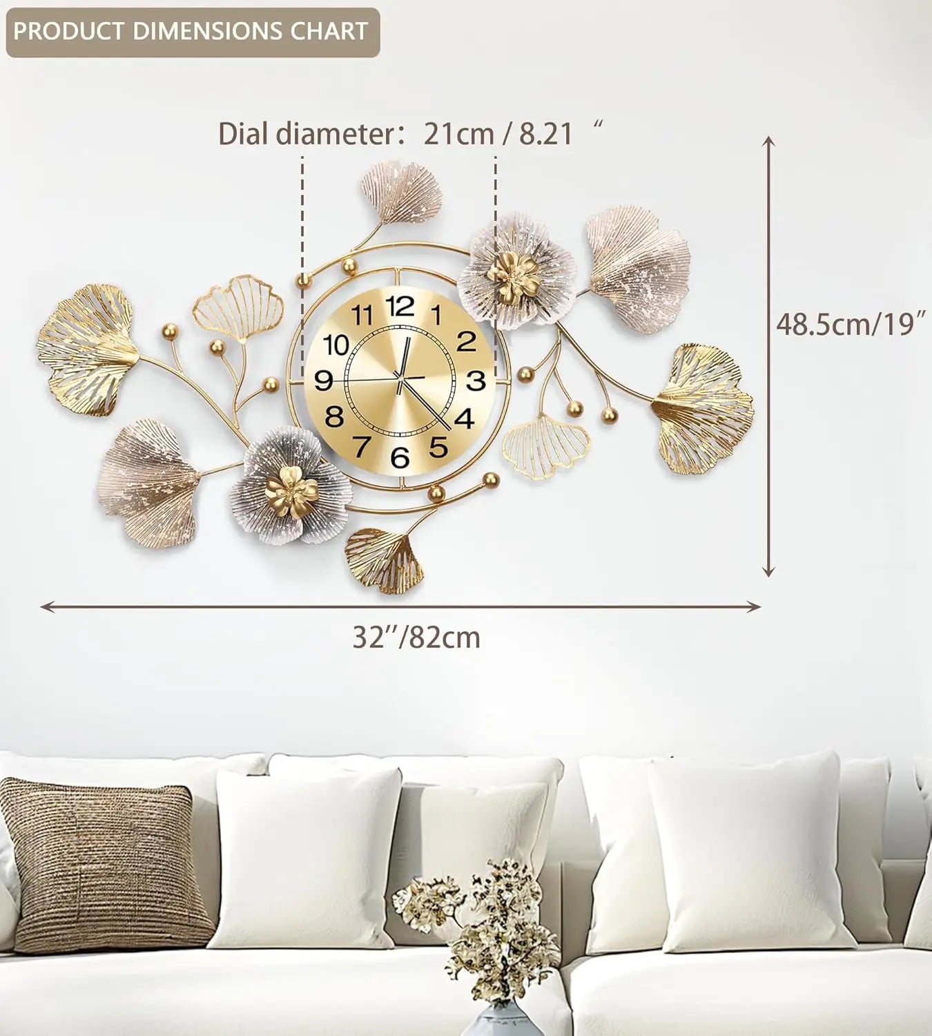 Silent Wall Clock With Retro Ginkgo Leaf Metal Design