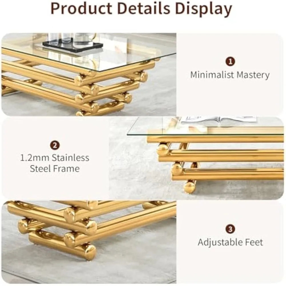 Rectangular Tempered Glass Coffee Table With Stainless Steel Legs