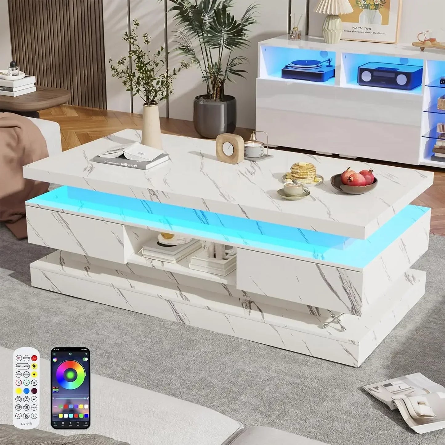 Modern LED Coffee Table With 2 Sliding Drawers And Lighting