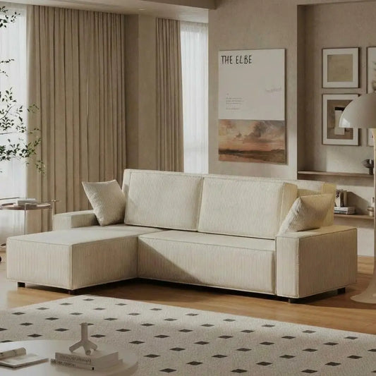 Fine Stripe Corduroy Sectional Sofa L Shaped with Deep Chaise