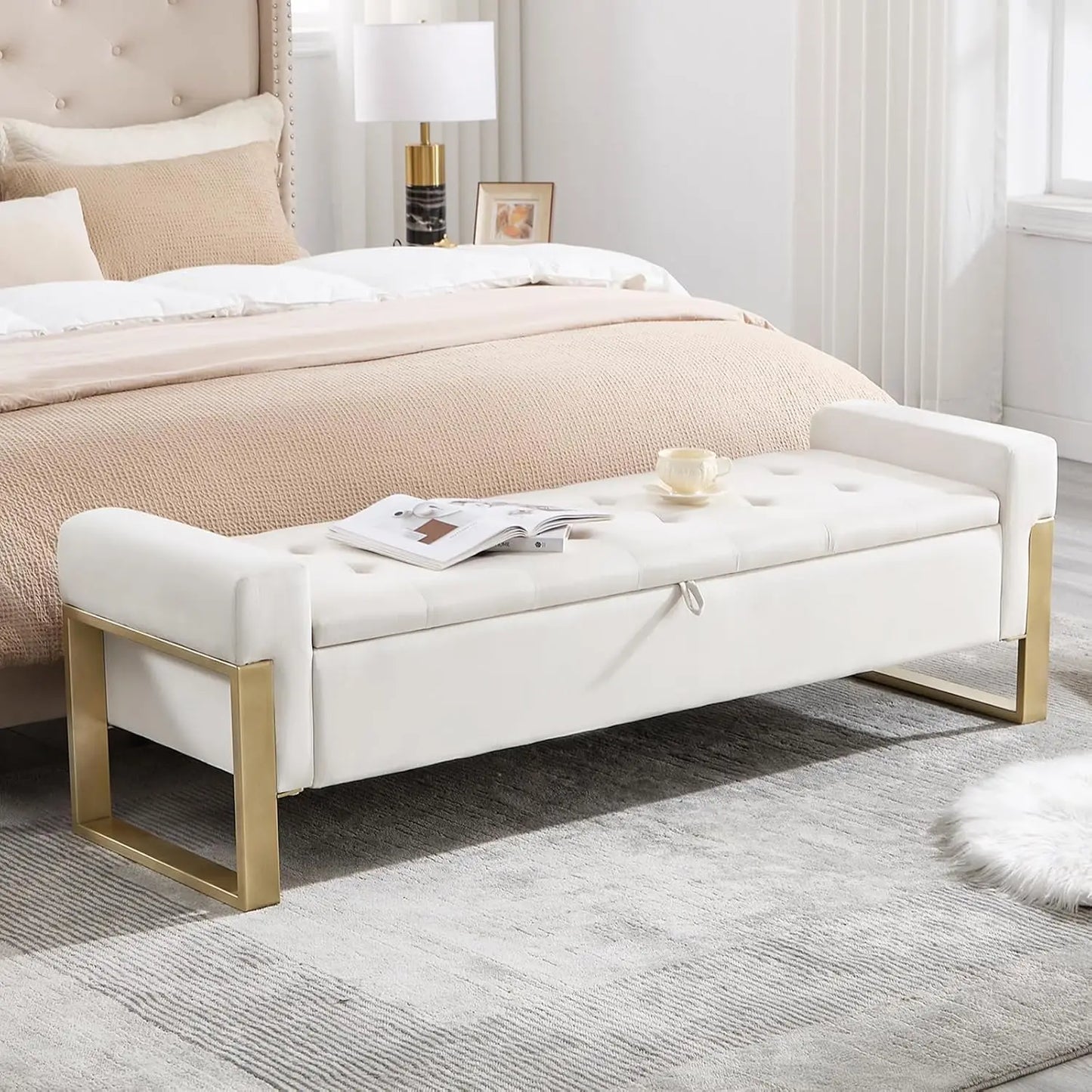 End Of Bed Velvet Tufted Storage Bench, Upholstered Ottoman