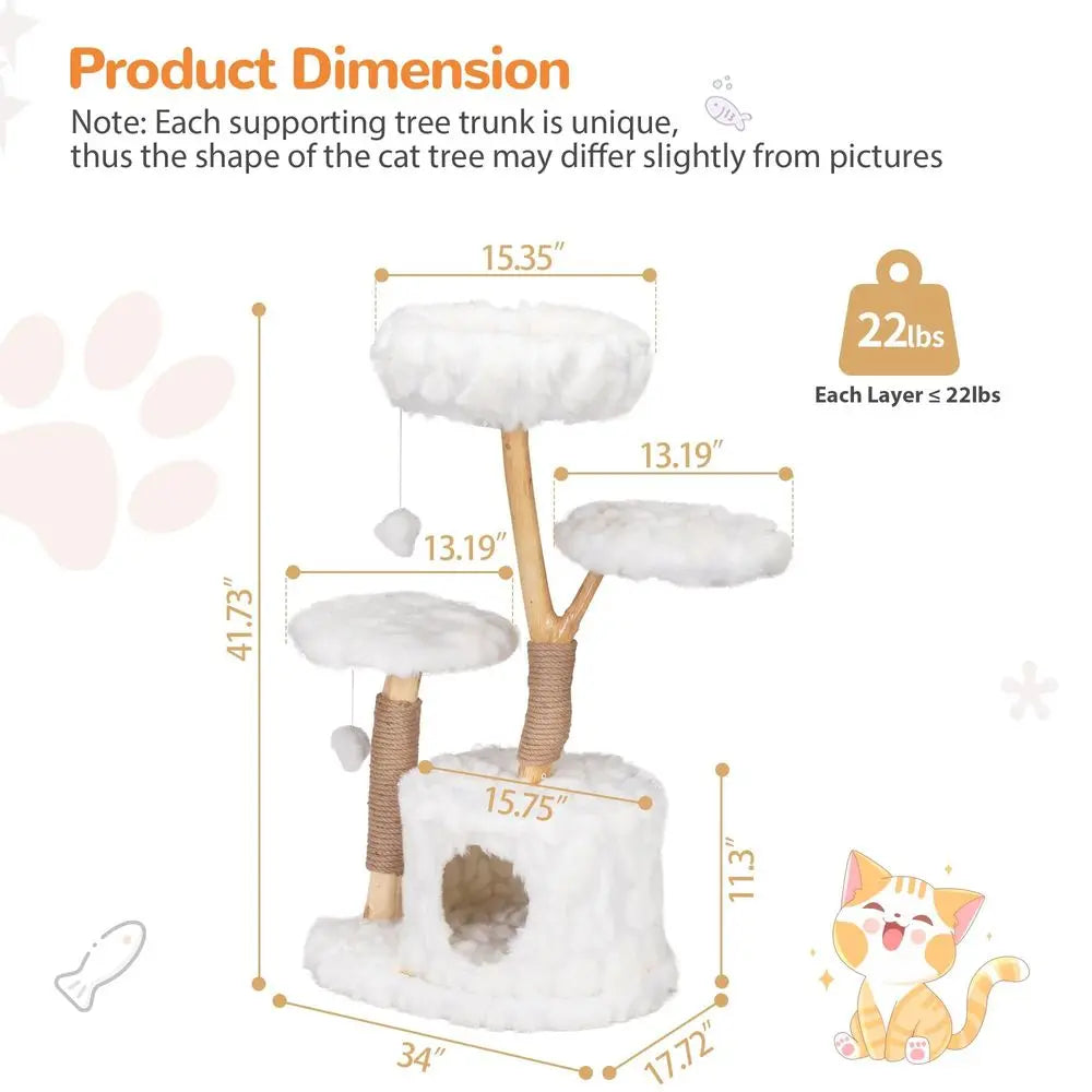 Modern Cat Tree Tower, Cloud Cat Tree with Solid Natural Wood Scratching Post, Luxury Condo amp Perches, Aesthetic White Cat Fu