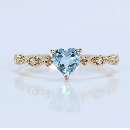Natural Aquamarine Heart Ring For Women Retro Luxury