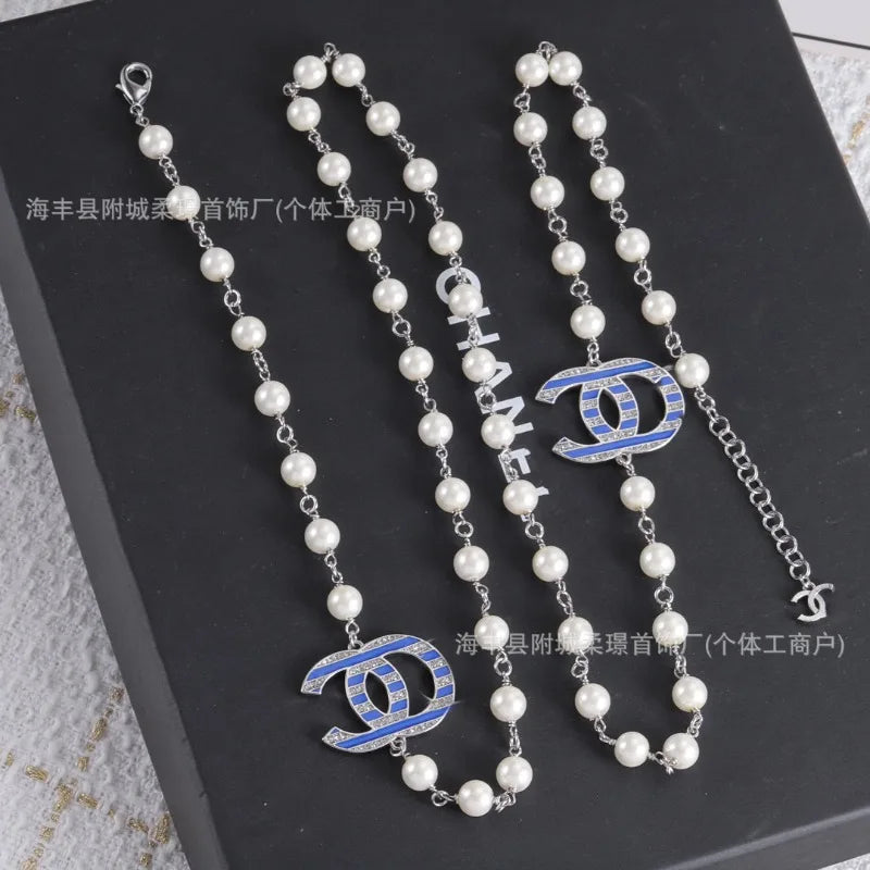 Double C Pearl Sweater Chain Small Fragrant Style High Version Peach Heart Long Tassel Necklace Women's High-end Accessories Wom