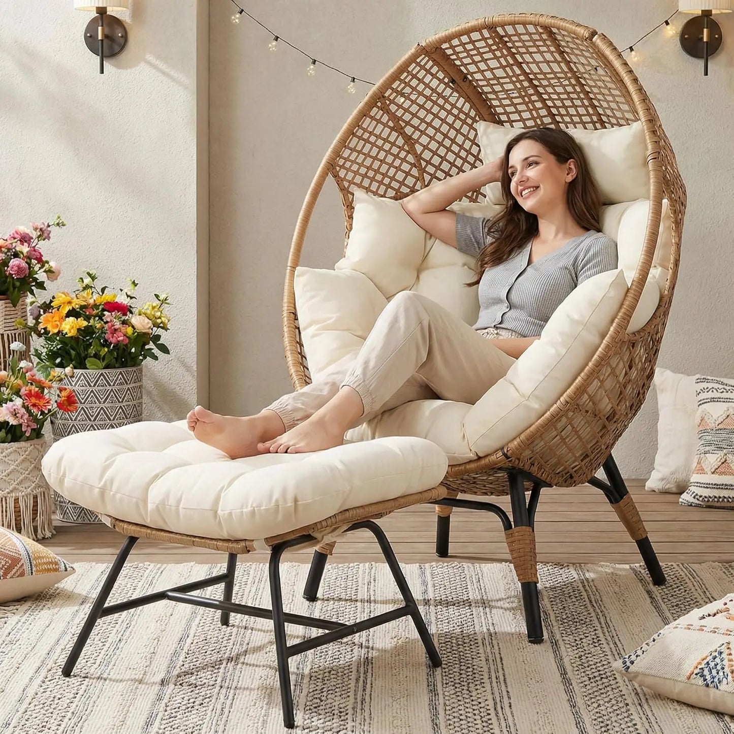 Indoor Outdoor Egg Chair With Ottoman For Patio