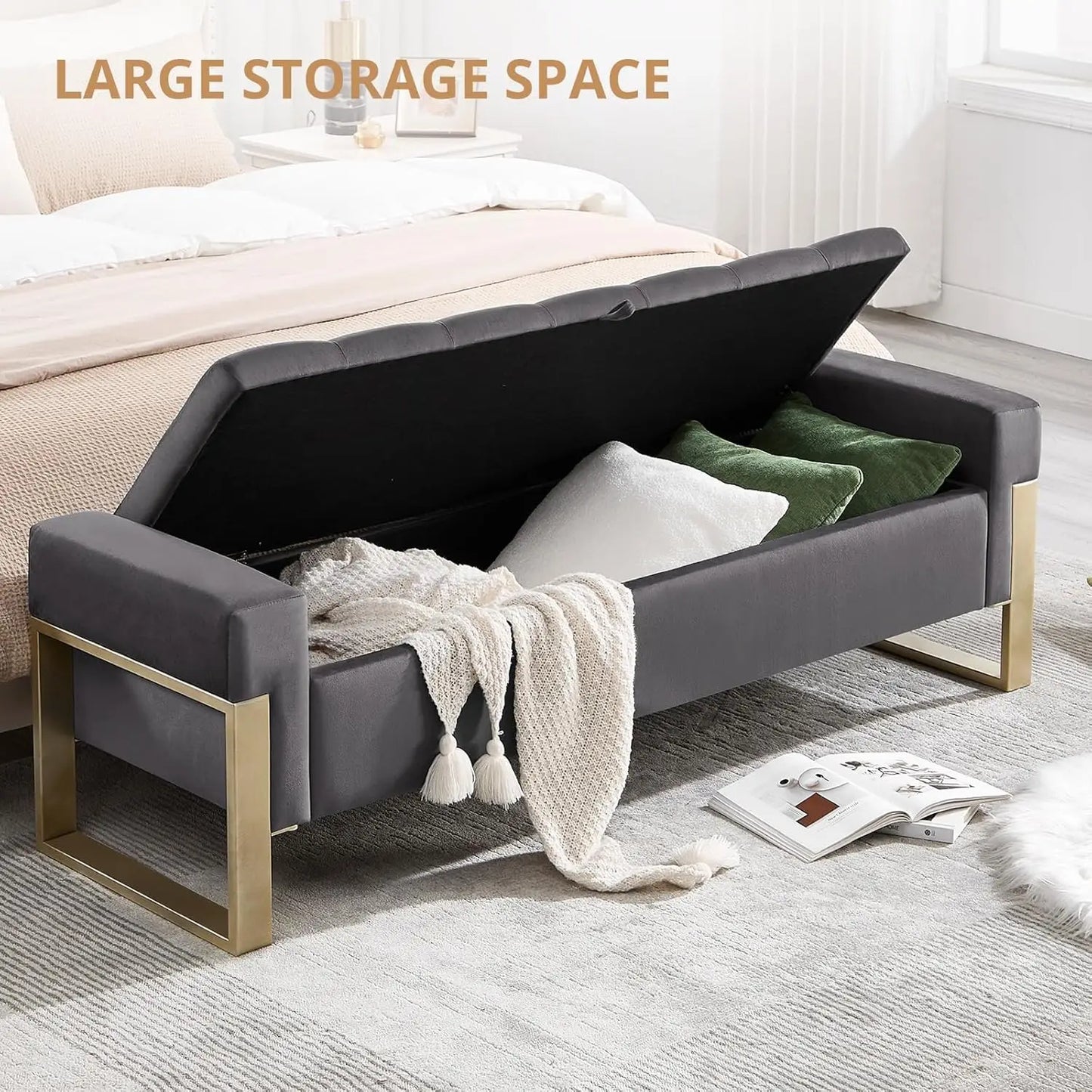 End Of Bed Velvet Tufted Storage Bench, Upholstered Ottoman