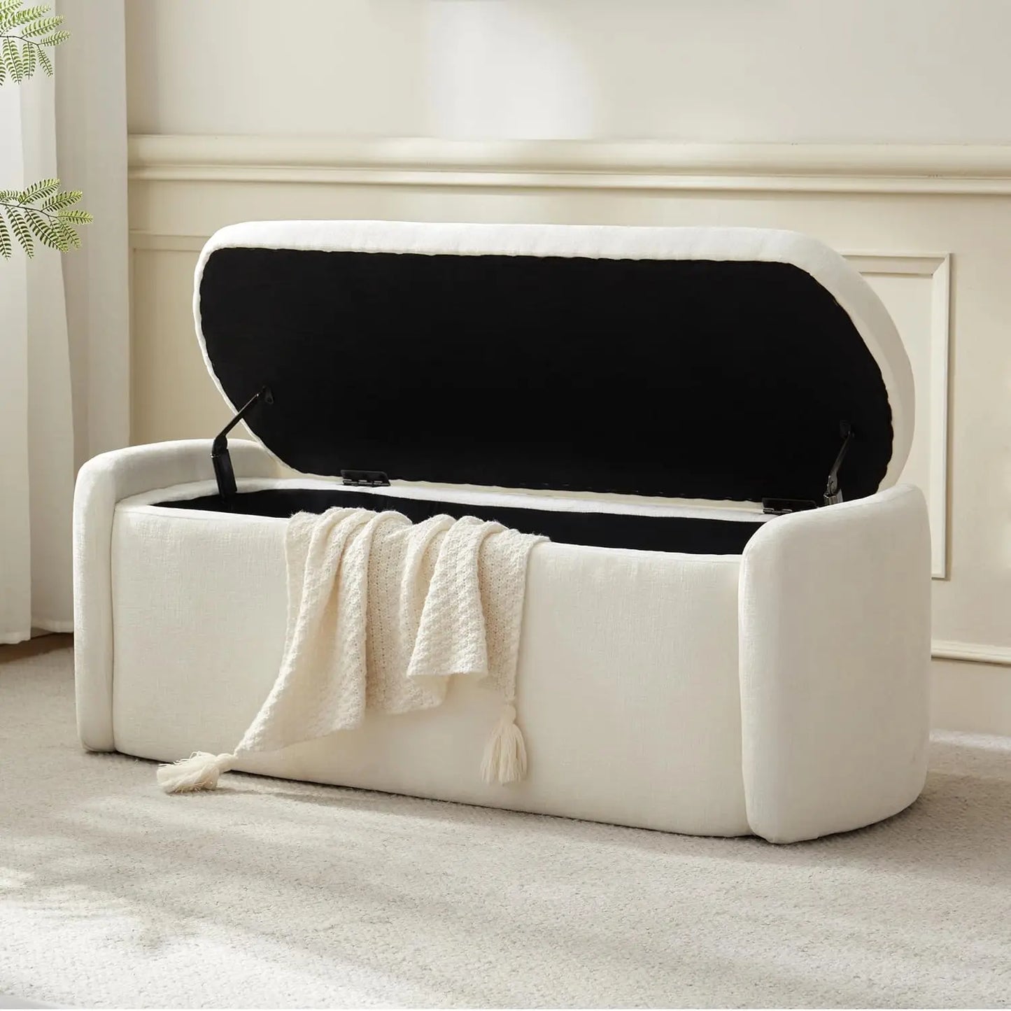 Oval Storage Ottoman Bench Chenille Upholstered End of Bed