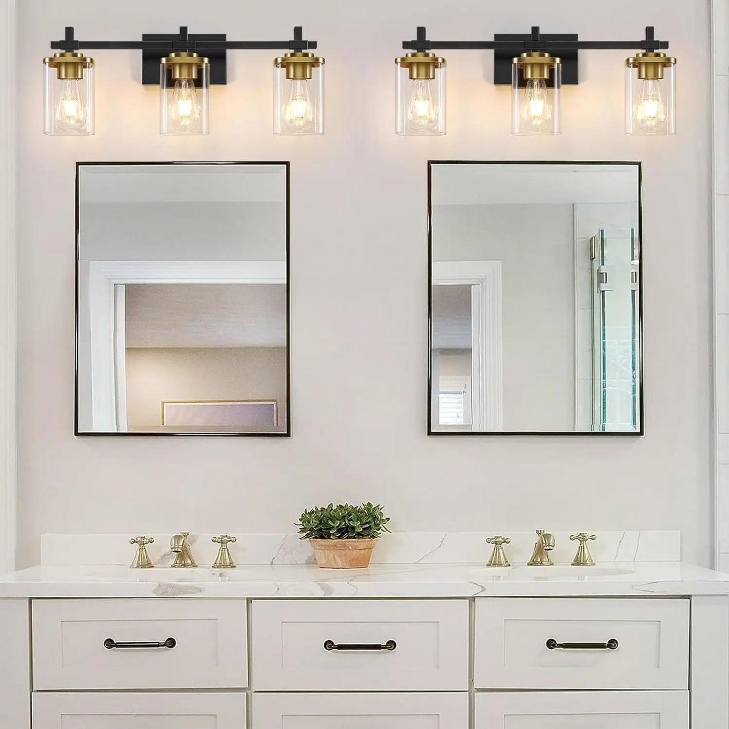 Modern Black And Gold Vanity Bathroom Light Fixture With Square Glass Shade