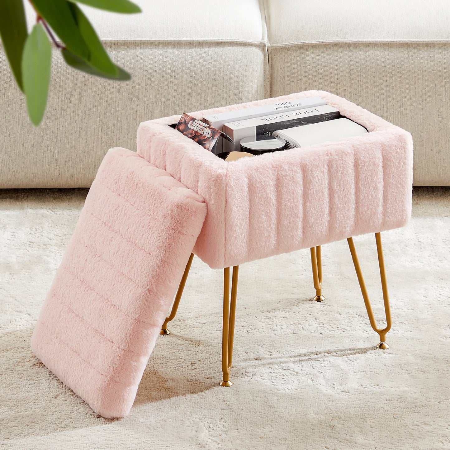 JHK Faux Fur Hidden Storage Stool Ottoman With Metal Legs