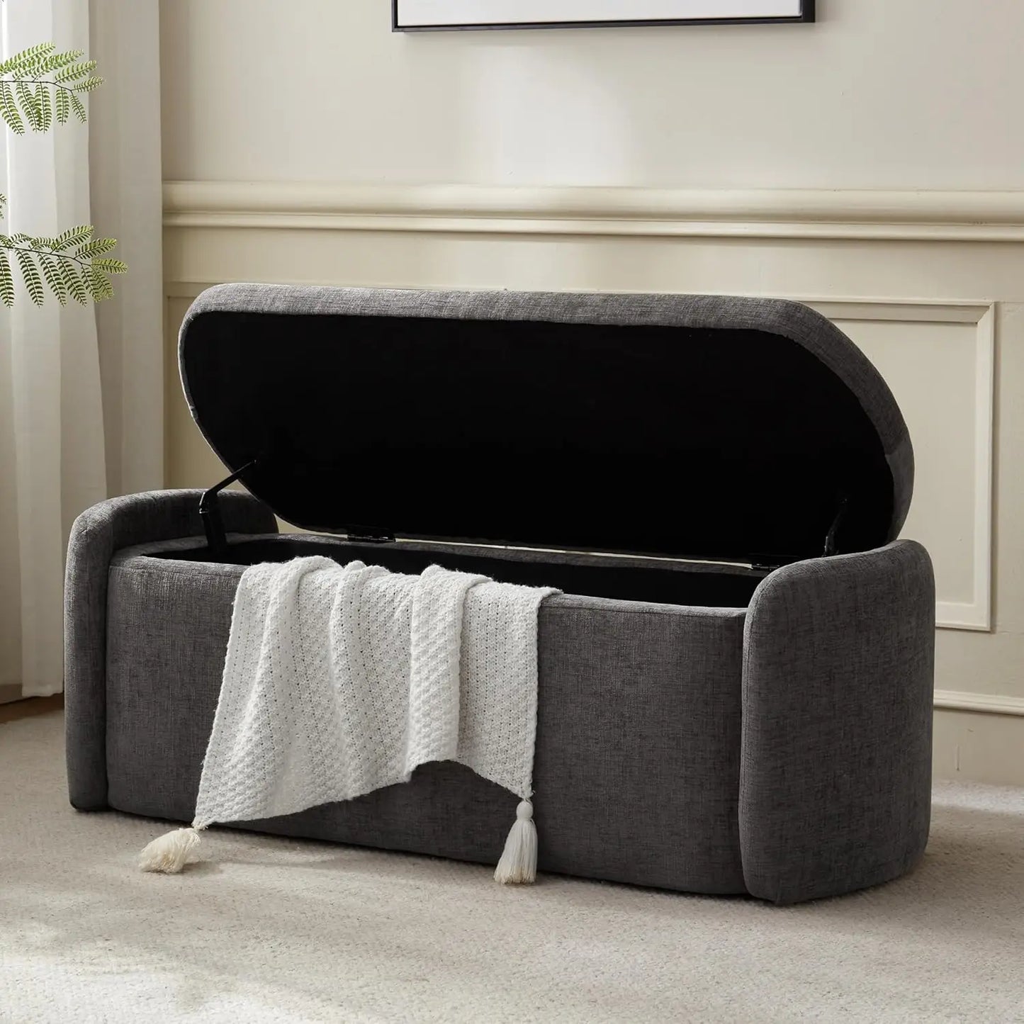 Oval Storage Ottoman Bench Chenille Upholstered End of Bed