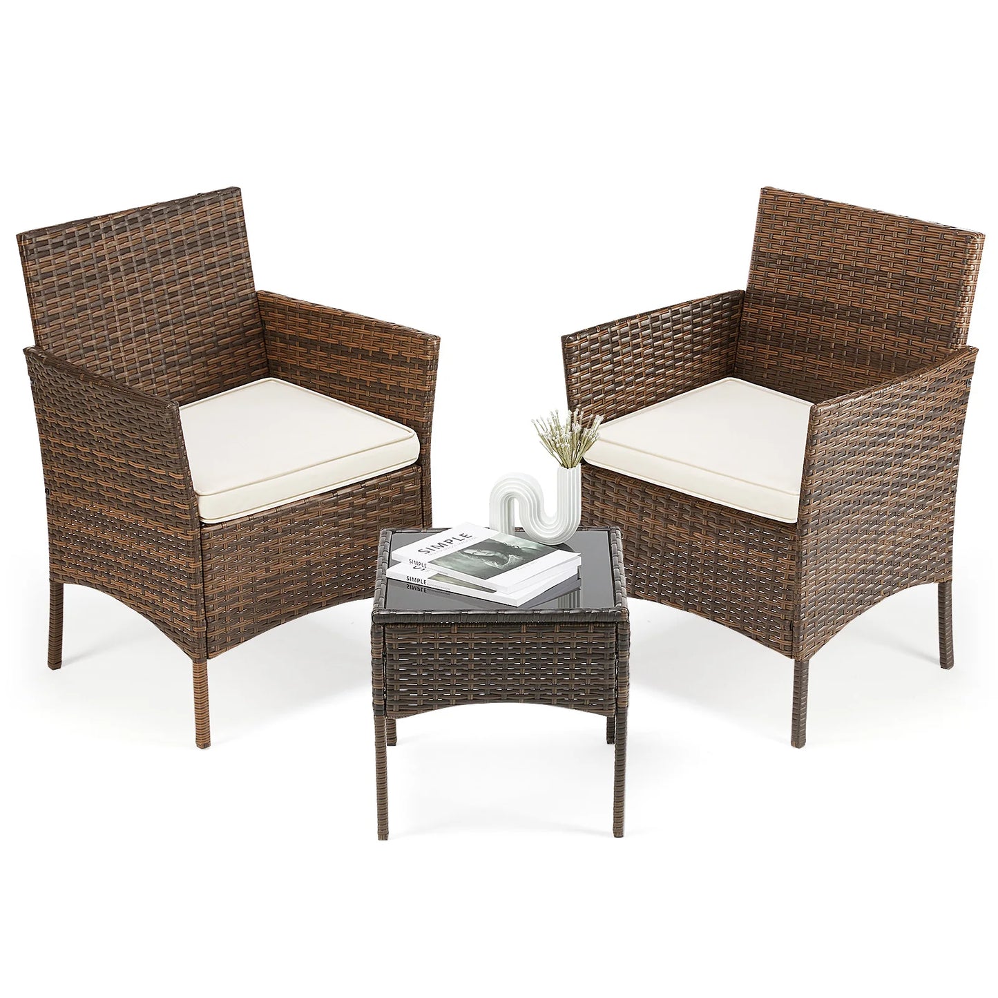 JHK Outdoor 3 Piece Wicker Rattan Patio Furniture Set With Glass Table
