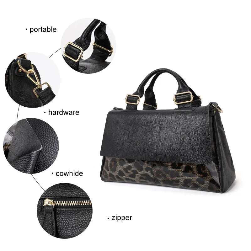 EP.MINGYUANCN Leopard Print Cowhide Tote Bag For Women