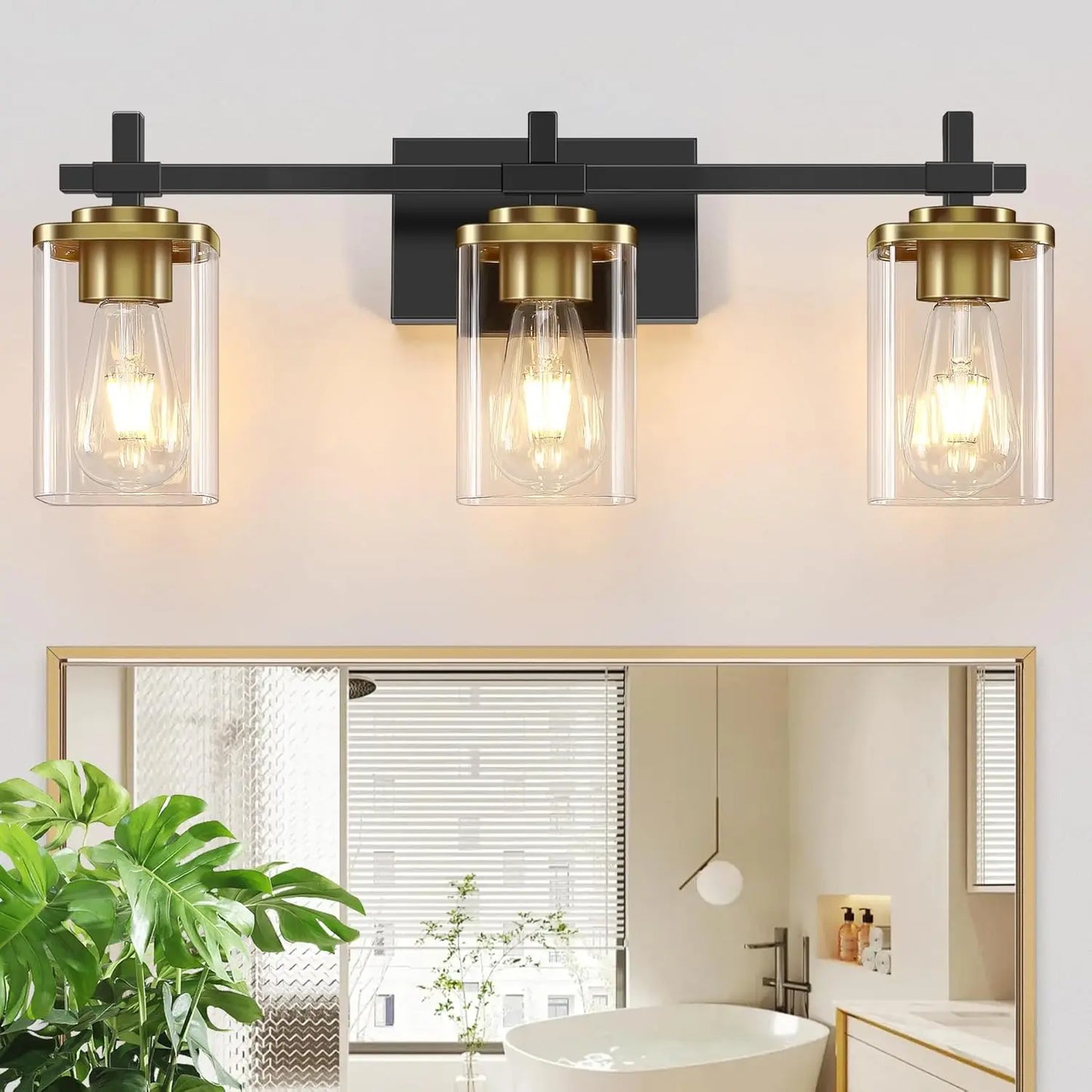 Modern Black And Gold Vanity Bathroom Light Fixture With Square Glass Shade