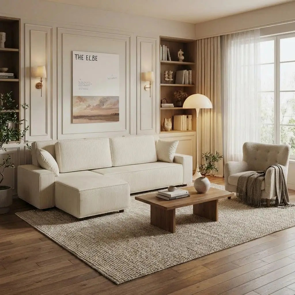 Fine Stripe Corduroy Sectional Sofa L Shaped with Deep Chaise