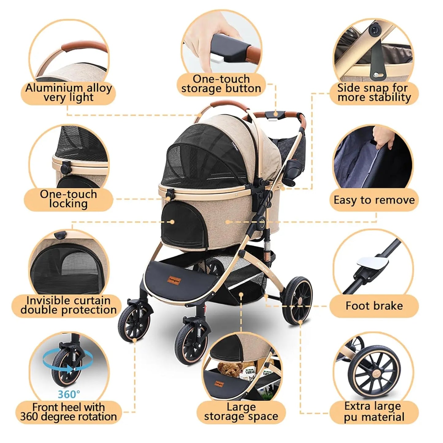 4 Wheel Folding Pet Stroller With Removable Carrier