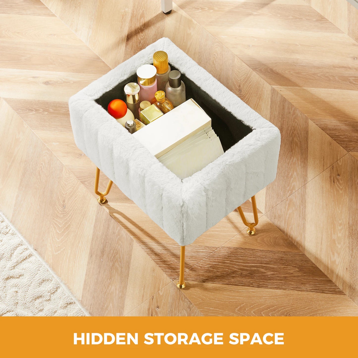 JHK Faux Fur Hidden Storage Stool Ottoman With Metal Legs