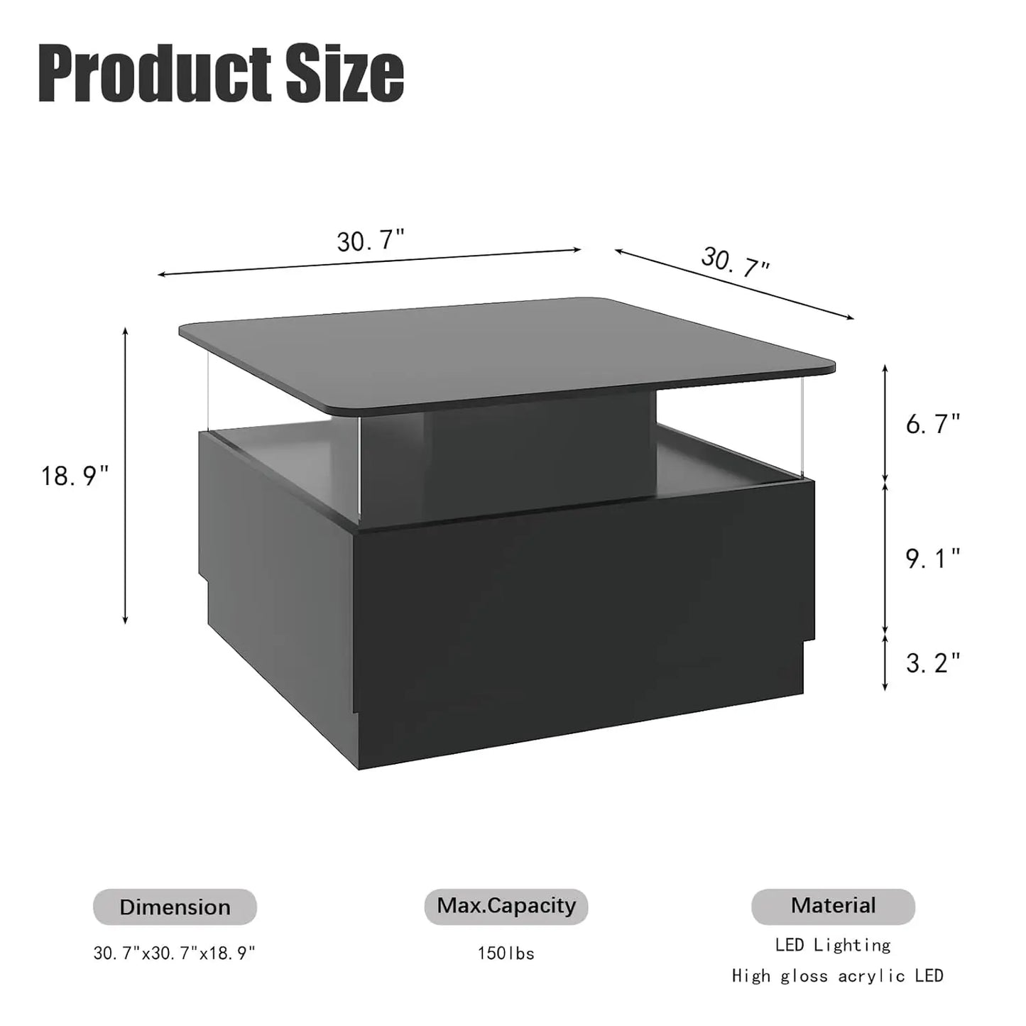 Square Coffee Table With LED Storage And Two Drawers
