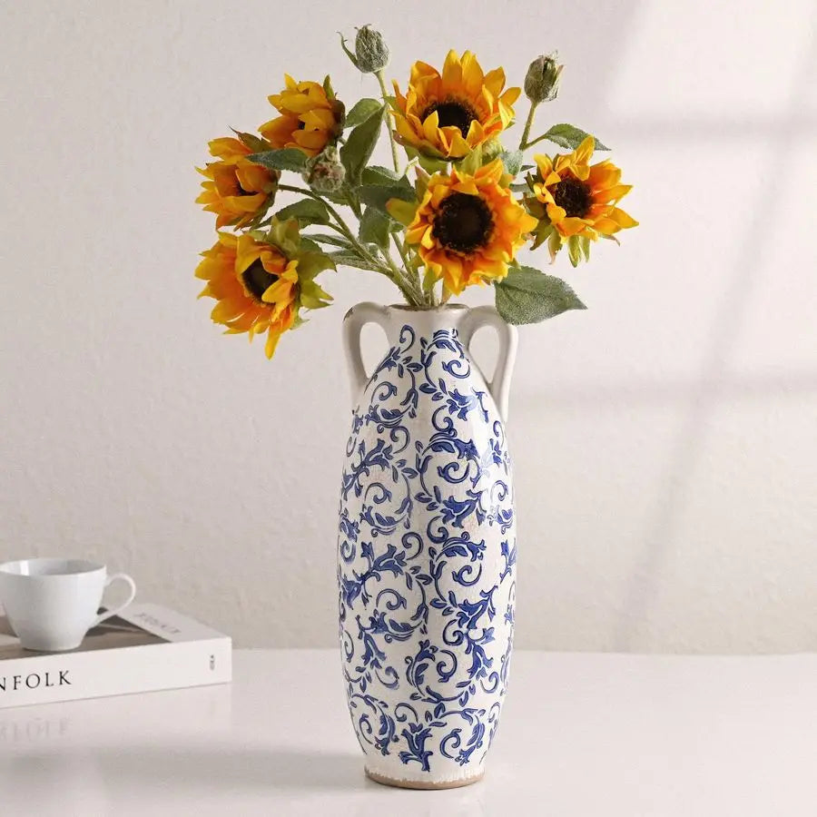 Farmhouse Ceramic Crackle Glaze Floor Vase For Pampas Grass Decor