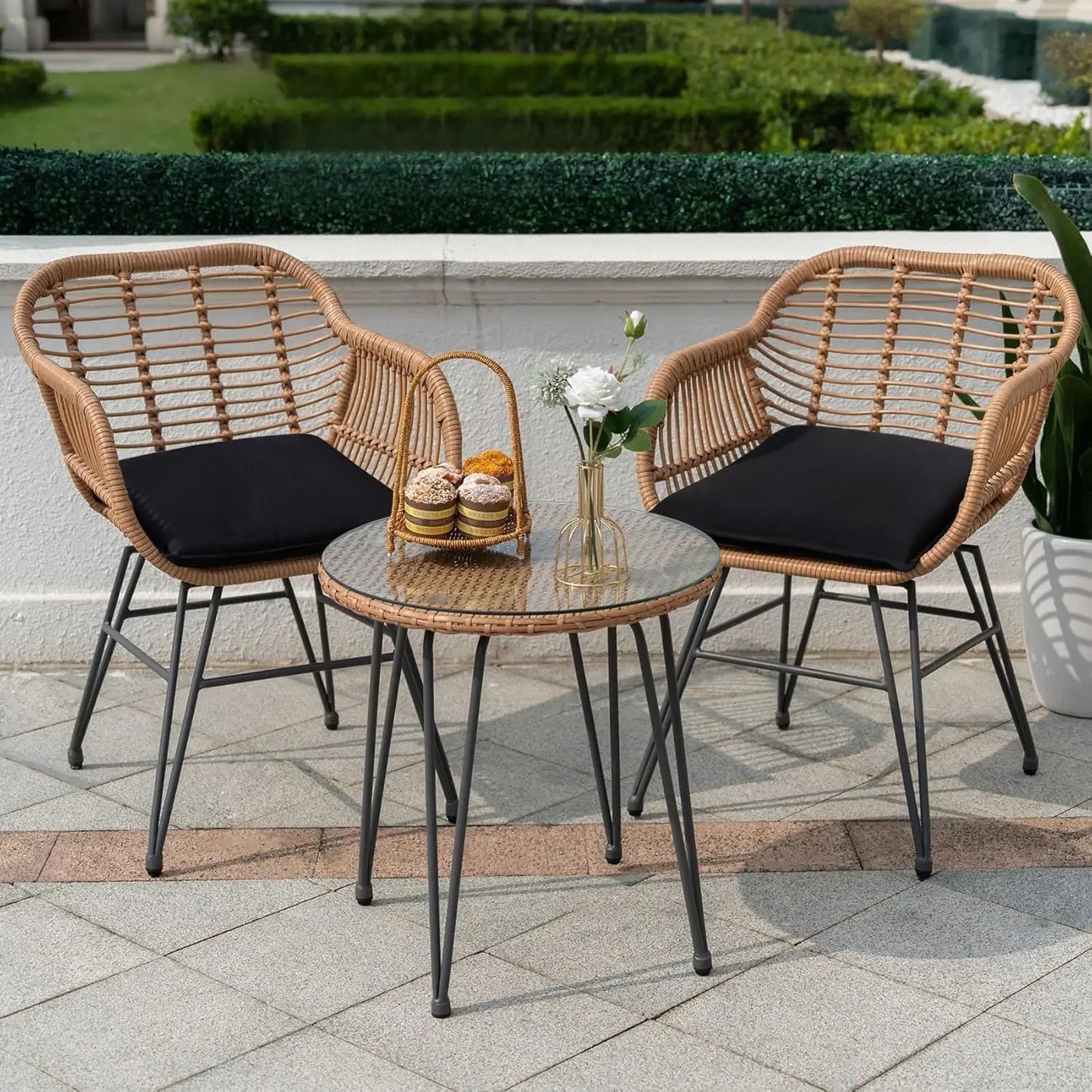 Outdoor Wicker Bistro Set 3 Piece Patio Conversation With Glass Table