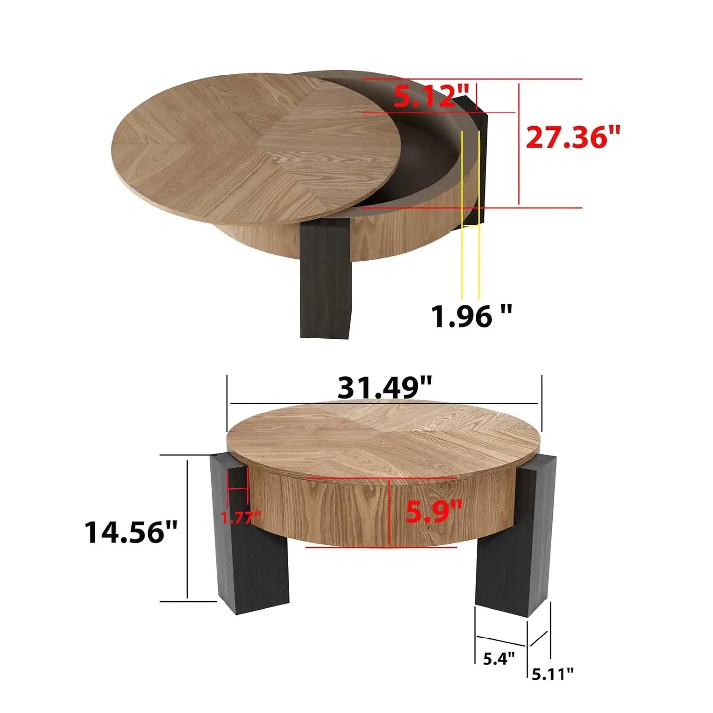 Folded Round Coffee Table With Hidden Storage And 3 Block Legs