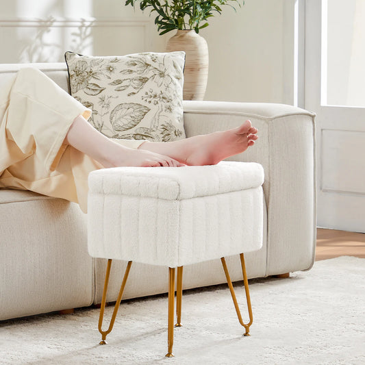 JHK Faux Fur Hidden Storage Stool Ottoman With Metal Legs