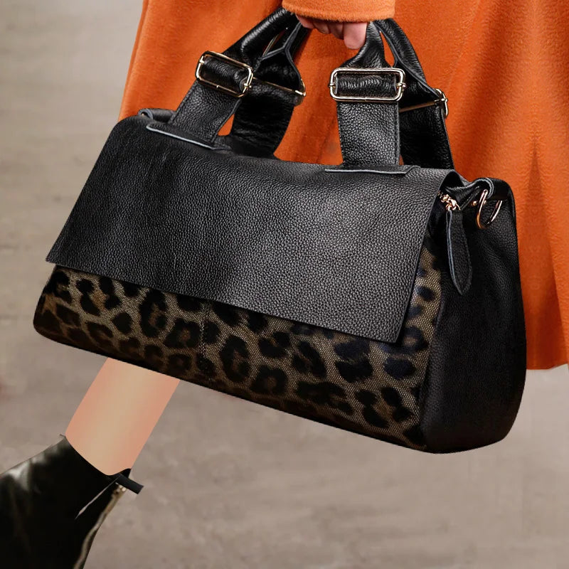 EP.MINGYUANCN Leopard Print Cowhide Tote Bag For Women
