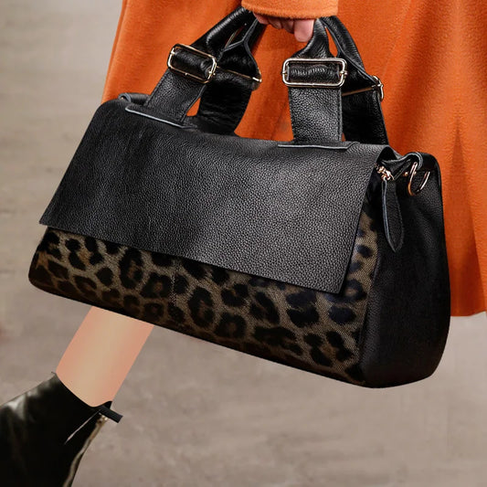EP.MINGYUANCN Leopard Print Cowhide Tote Bag For Women