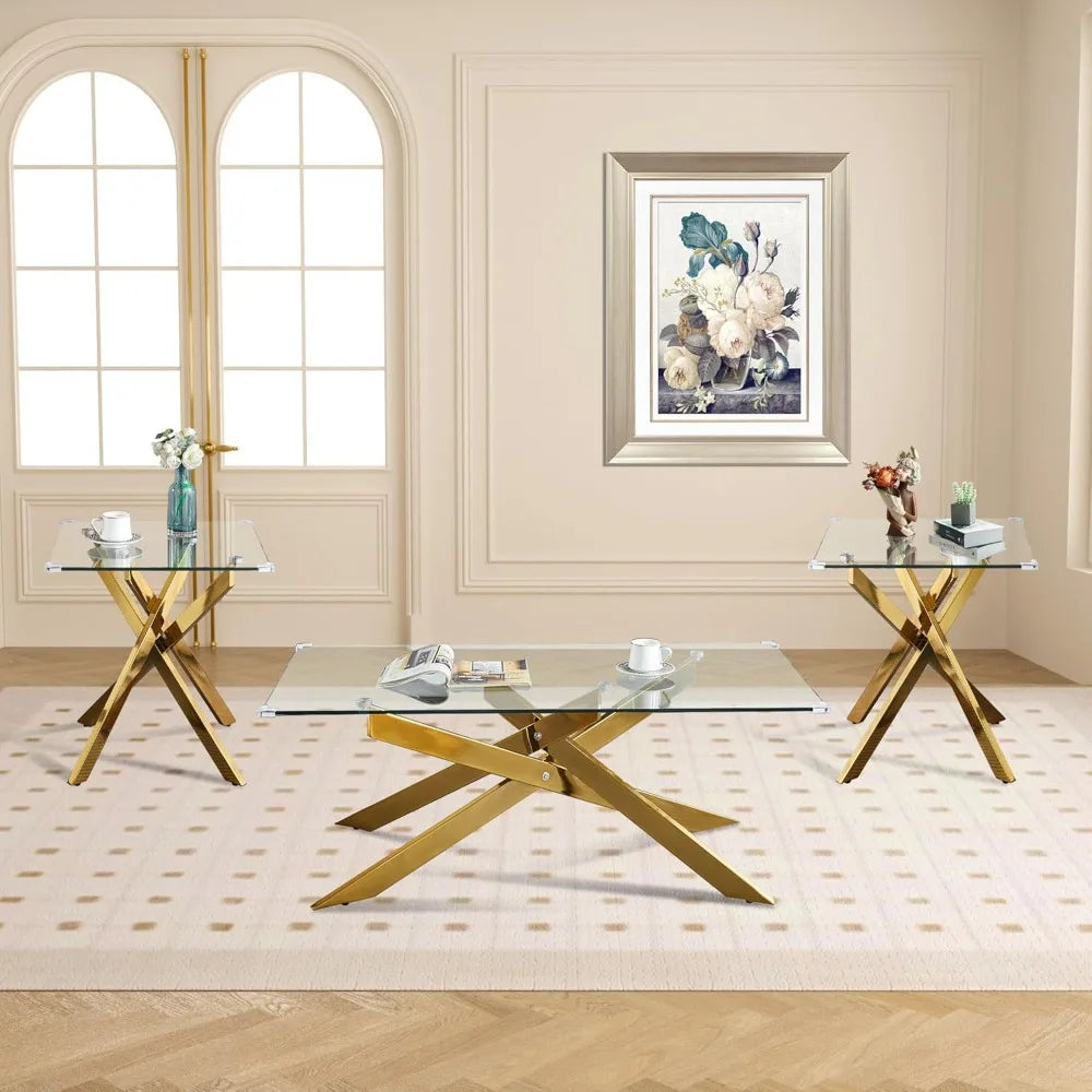 Tempered Glass Coffee And End Tables Set With Geometric Legs