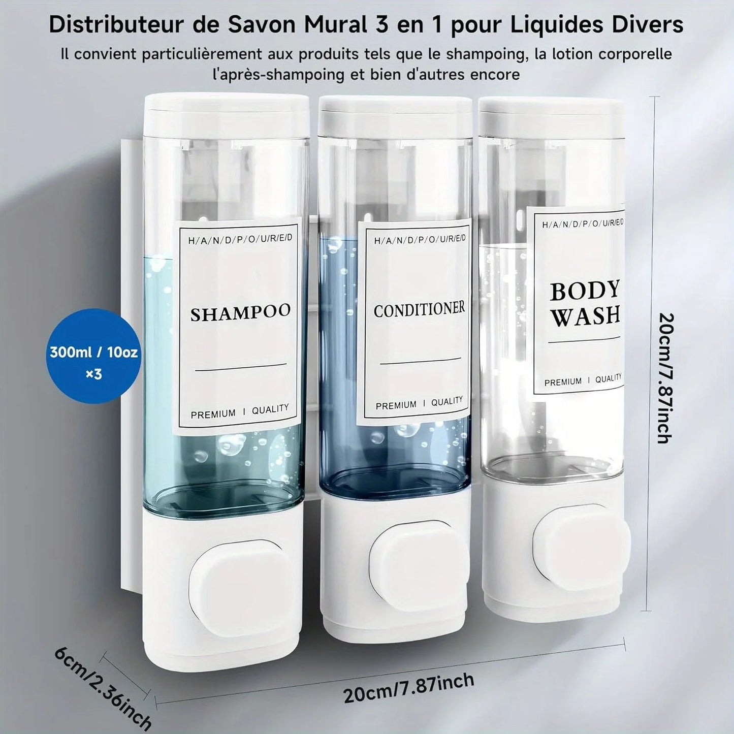Wall Mounted 3-In-1 Shampoo, Conditioner and Soap Dispenser ABS